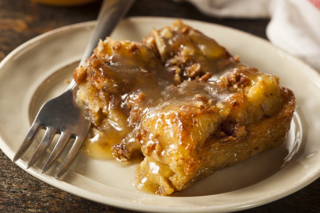 Sweet Homemade Bread Pudding Dessert with Brandy Sauce