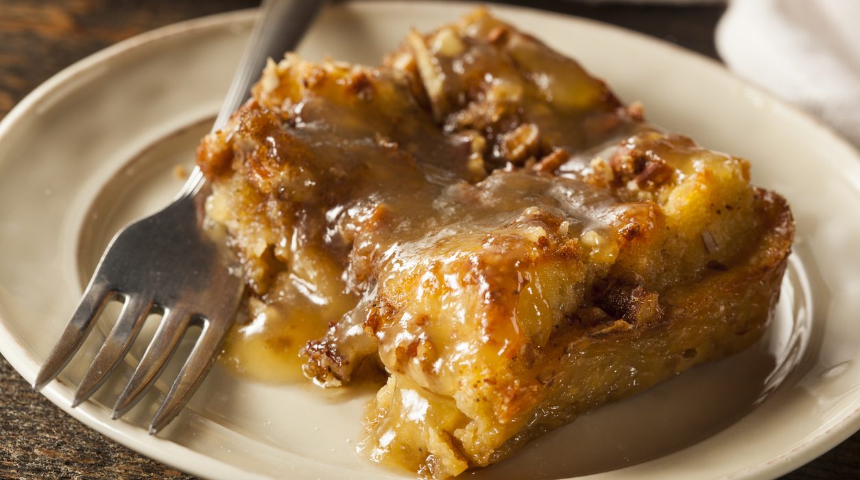 Sweet Homemade Bread Pudding Dessert with Brandy Sauce