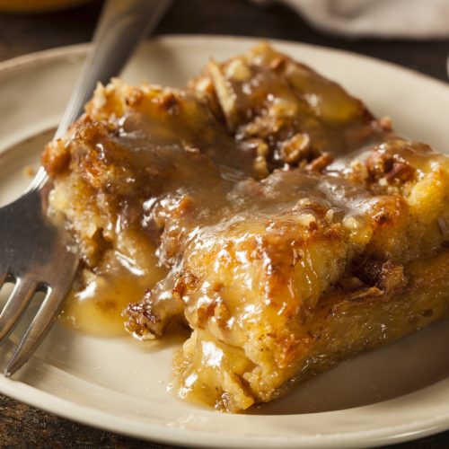 Sweet Homemade Bread Pudding Dessert with Brandy Sauce