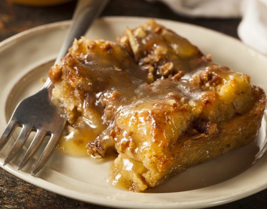 Sweet Homemade Bread Pudding Dessert with Brandy Sauce