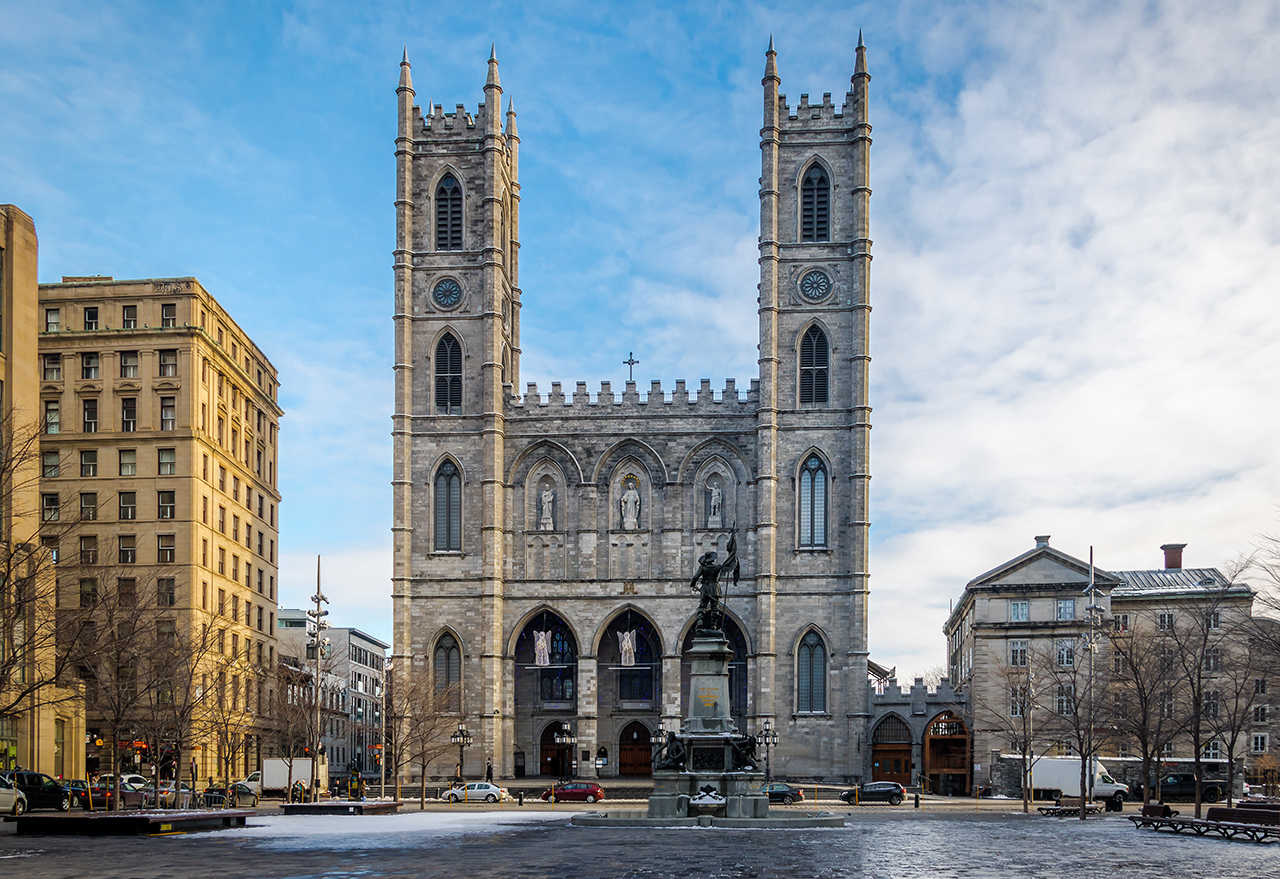 Basilica of Notre-Dame of Montreal and Place d'Armes - Montreal, Quebec Canada