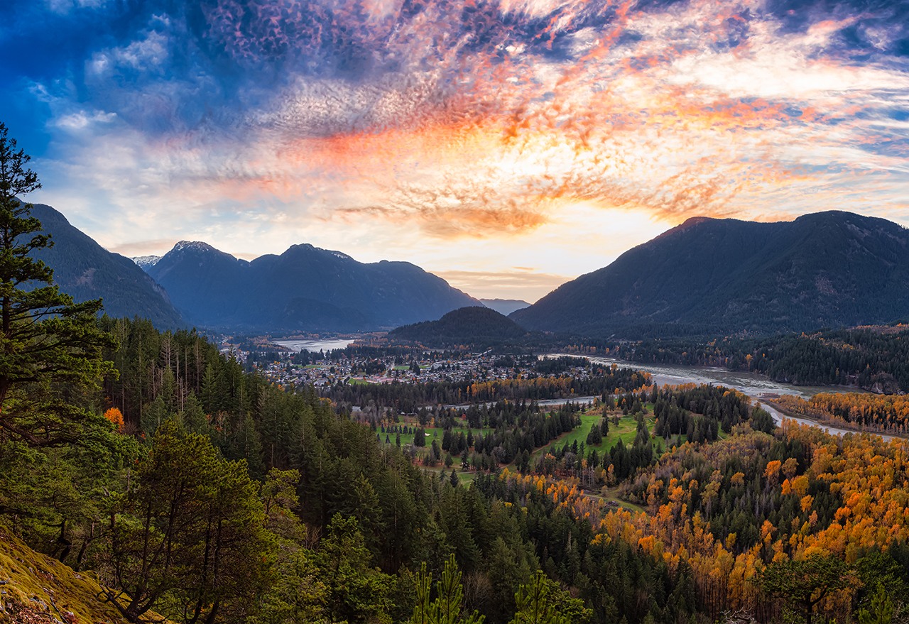 Panoramic View of modern city, Hope, in British Columbia, Canada. Sunny Fall Season. Colorful Sunset Art Render. Thacker Mountain Hike Viewpoint. Background Panorama