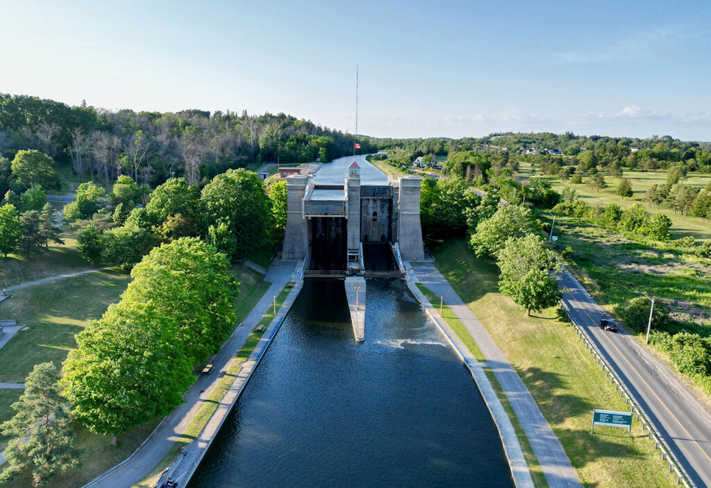 A drone shot of Peterborough Lift Lock, Ontario, Canada trent severn waterway