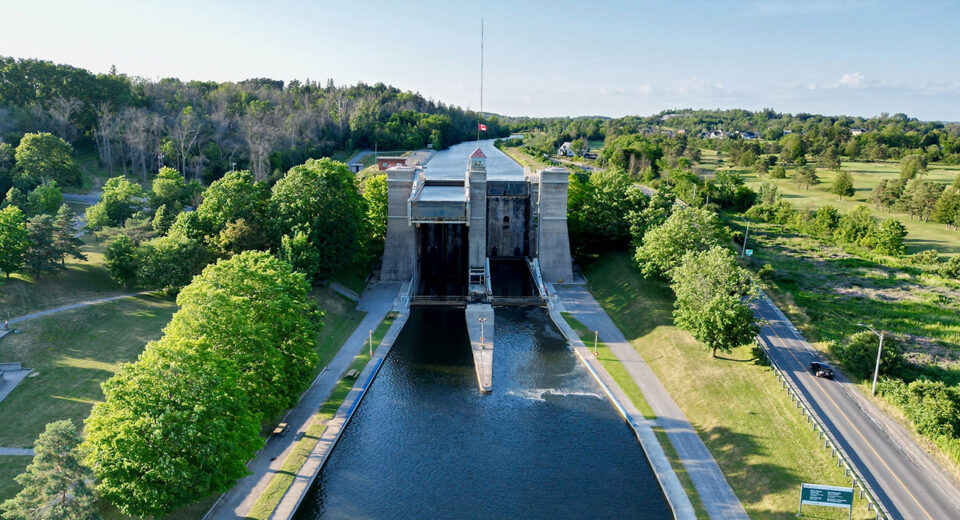 A drone shot of Peterborough Lift Lock, Ontario, Canada trent severn waterway