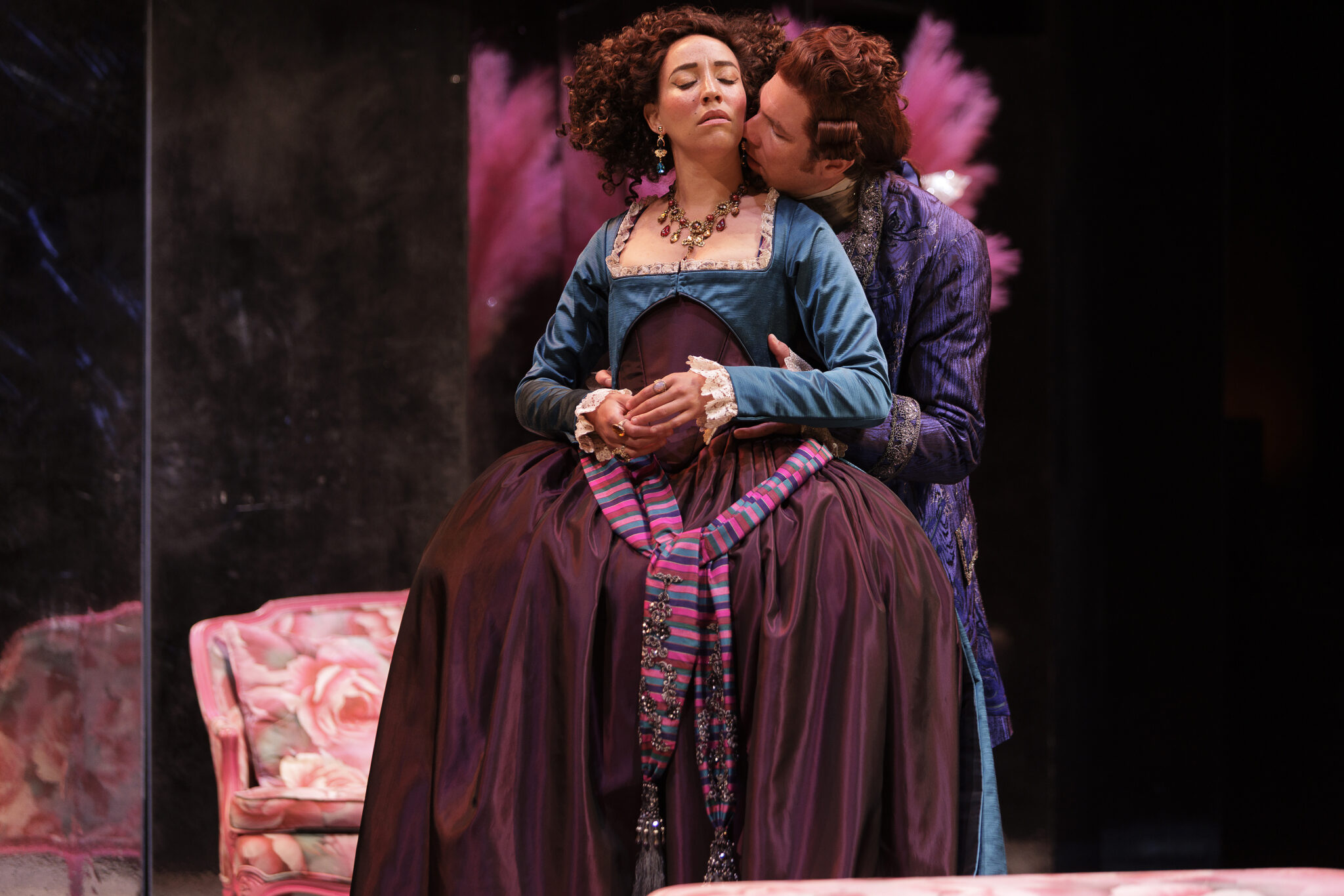 From Left Jessica B Hill as La Marquise de Merteuil and Jesse Gervais as Le Vicomte de Valmont in Dangerous Liaisons Stratford Festival 2025 Photo David Hou