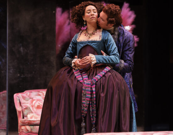 From Left Jessica B Hill as La Marquise de Merteuil and Jesse Gervais as Le Vicomte de Valmont in Dangerous Liaisons Stratford Festival 2025 Photo David Hou