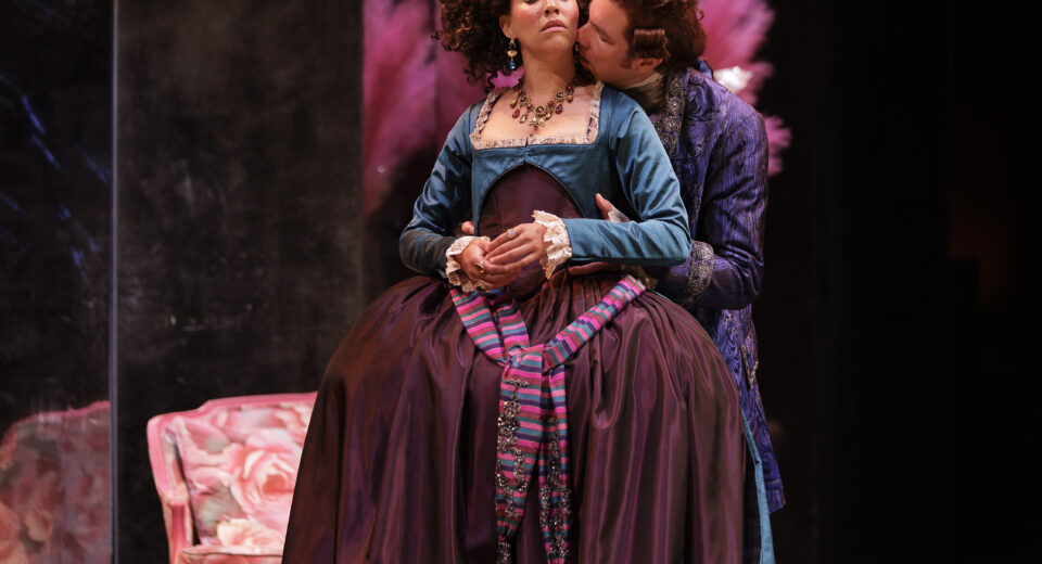 From Left Jessica B Hill as La Marquise de Merteuil and Jesse Gervais as Le Vicomte de Valmont in Dangerous Liaisons Stratford Festival 2025 Photo David Hou